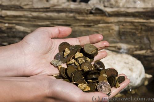 Coins from different countries in the spring