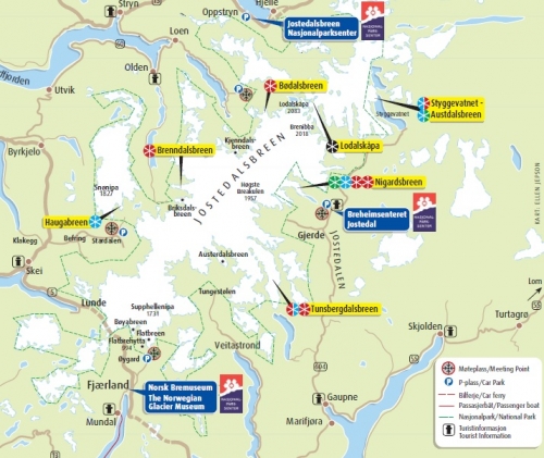 Карта льодовика Йостедалсбреен і його рукавів