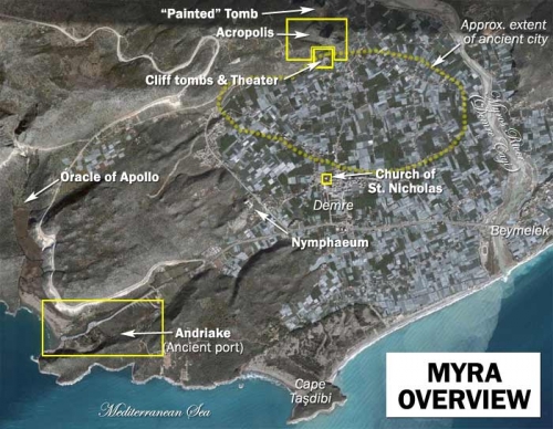 Розташування церкви і міста Мира в Демре