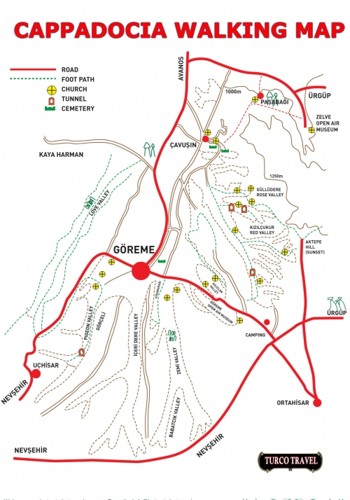 Map of hiking trails in Cappadocia