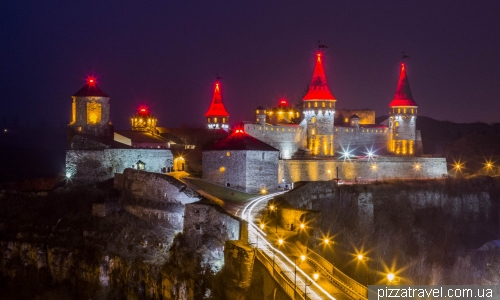 Night lights of the castle in Kamianets-Podilskyi