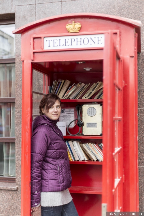 English telephone booth in Kamianets-Podilskyi