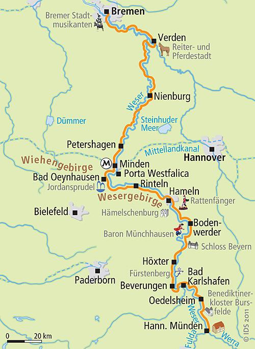 Cycling route along the Weser river